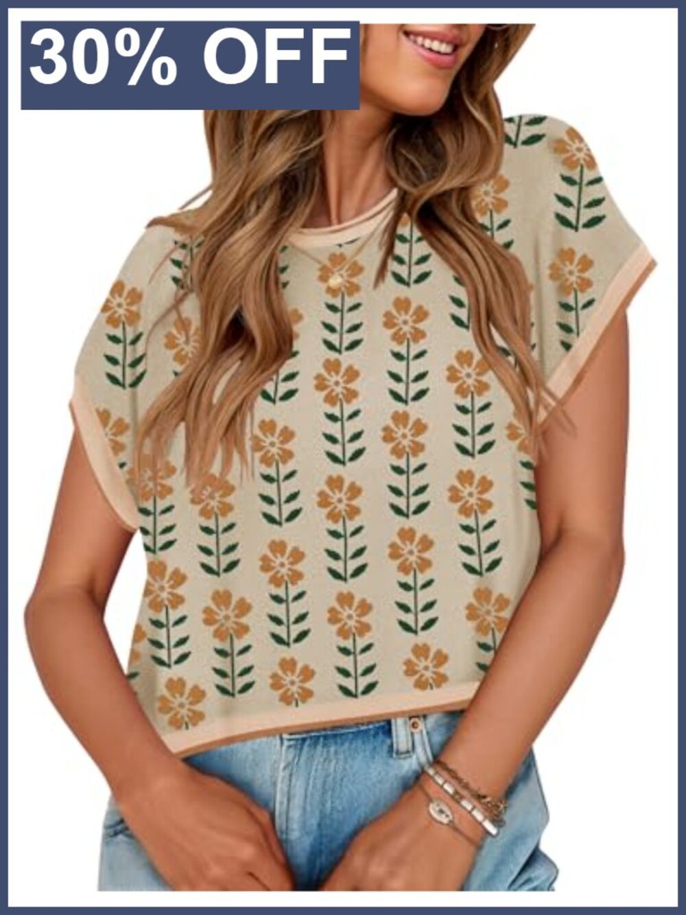 ZESICA Floral Knit Sweater Vest Cap Sleeve Crew Neck Loose Fit
